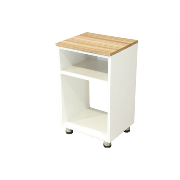 Laurent side and service table, white color, wooden top, storage shelf and open shelf