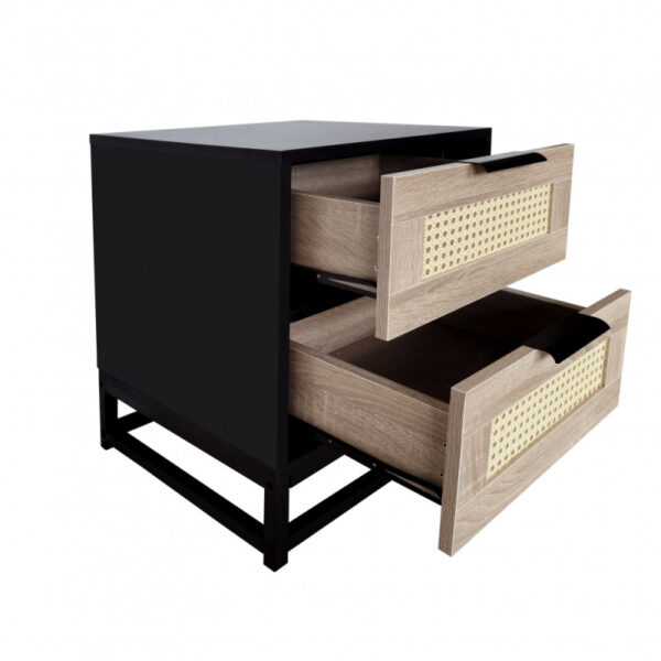 Black side table with two drawers with rattan netting