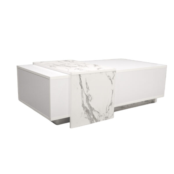 Central coffee table with front storage drawer, Net Home brand, white color and marble alternative