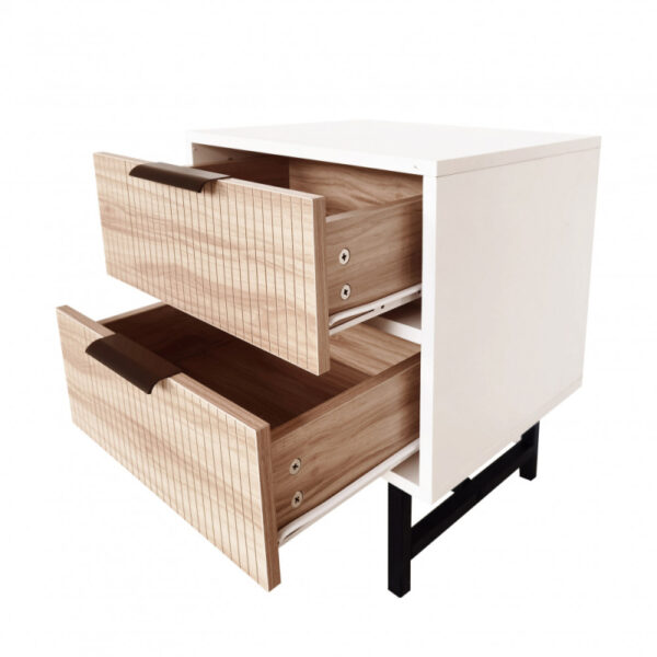 White bedside table with wooden storage drawers with longitudinal details