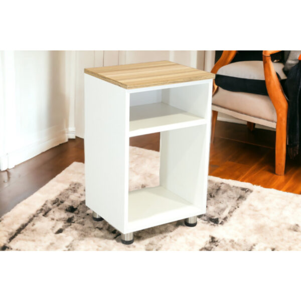 Laurent side and service table, white color, wooden top, storage shelf and open shelf