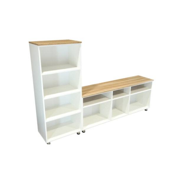 TV table set, Laurent model, white color with a wooden surface