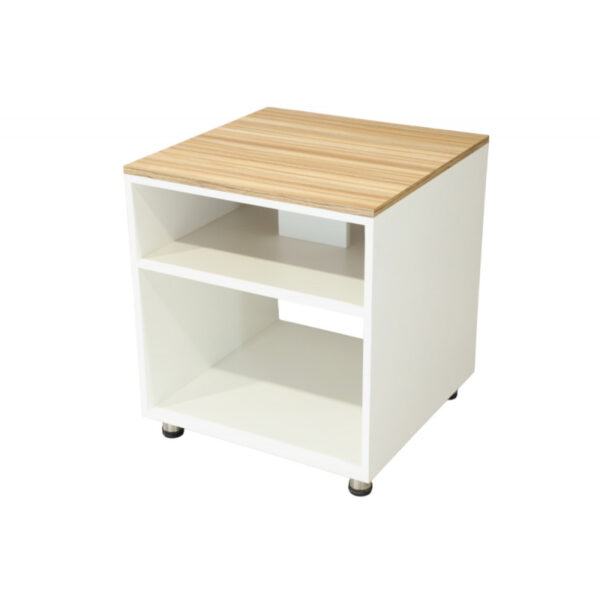 Central coffee table, Laurent model, white, with a wooden surface and two open storage shelves on both sides