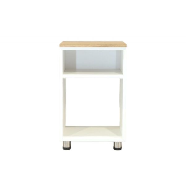 Laurent side and service table, white color, wooden top, storage shelf and open shelf