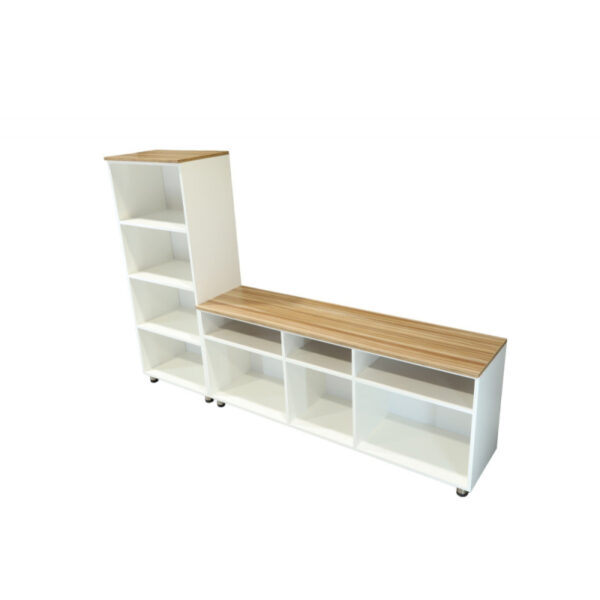 TV table set, Laurent model, white color with a wooden surface