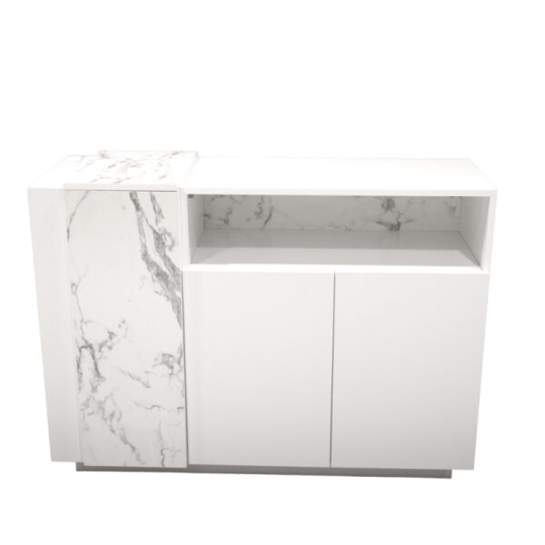 White marble alternative coffee corner from Net Home brand with storage drawers and wall shelf