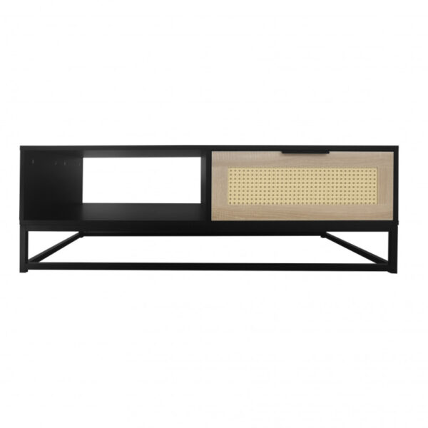 Black coffee table with rattan netting drawer