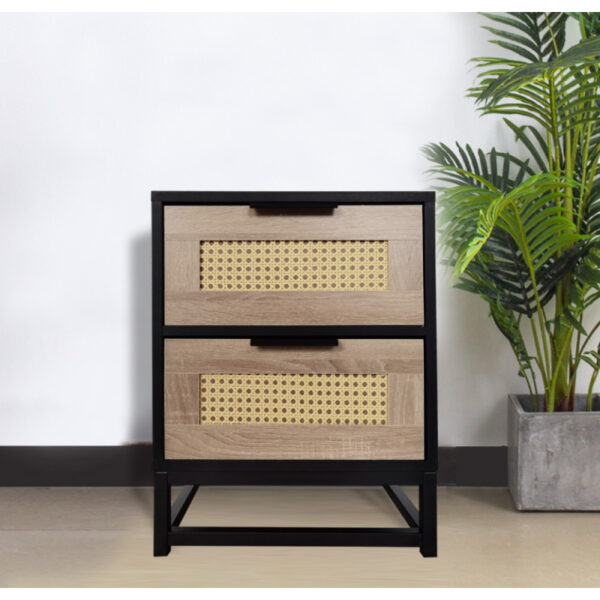 Black side table with two drawers with rattan netting