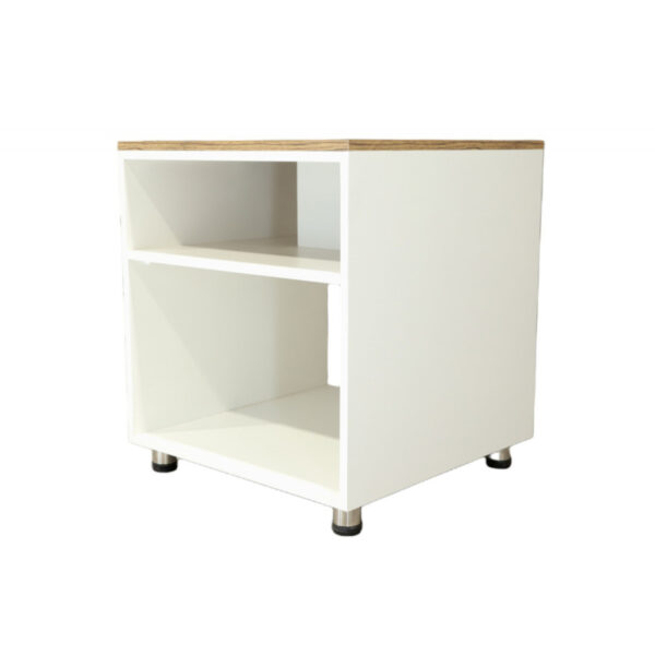 Central coffee table, Laurent model, white, with a wooden surface and two open storage shelves on both sides
