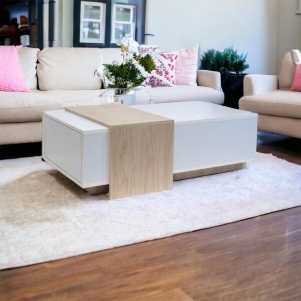 Central coffee table, white and wooden, with storage drawer, Net Home brand, 120*60*40 cm