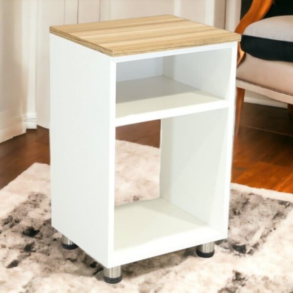 Loran side and service table with wooden surface storage rack with open shelf and elegant white design