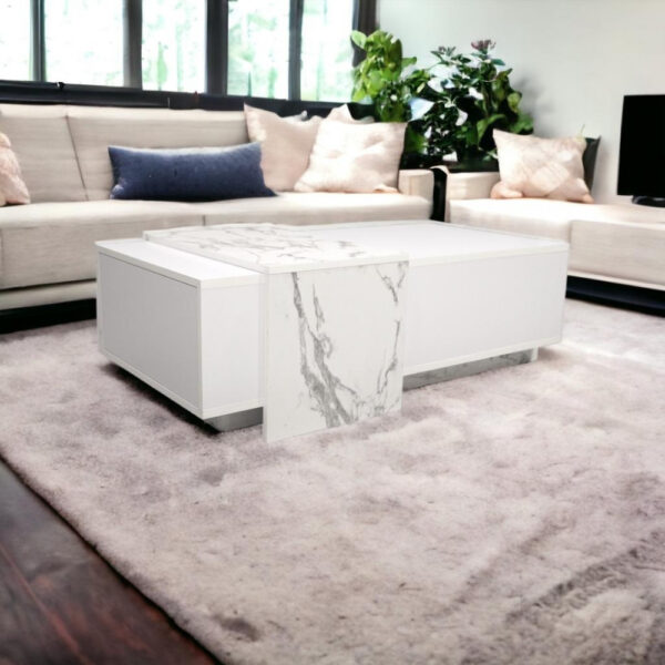 Central coffee table, white color and wood alternative to marble, with storage drawer, Net Home brand, 120*60*40 cm