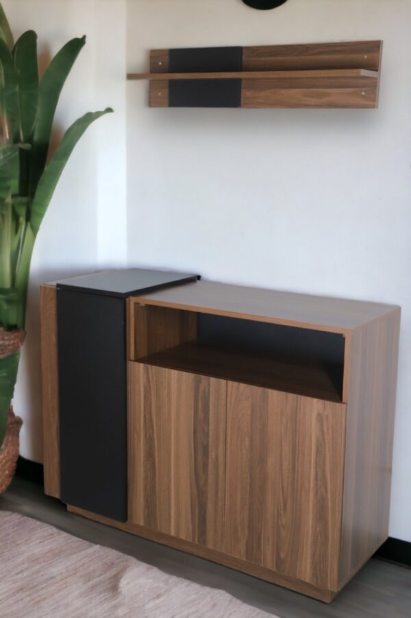 Modern coffee corner from Net Home in brown and black colors, with drawers and a wall shelf, made in Saudi Arabia