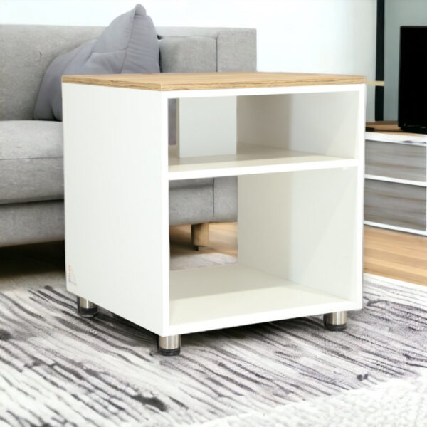 Laurent model coffee table with wooden surface and side storage shelves - white