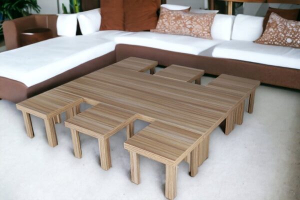 A set of rectangular wooden floor tables with 6 Net Home service tables