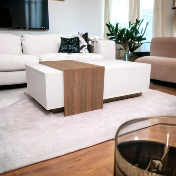 Central coffee table, white and brown, with storage drawer, Net Home brand, 120*60*40 cm