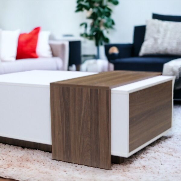 Net Home coffee table with a distinctive design and storage door in white and brown